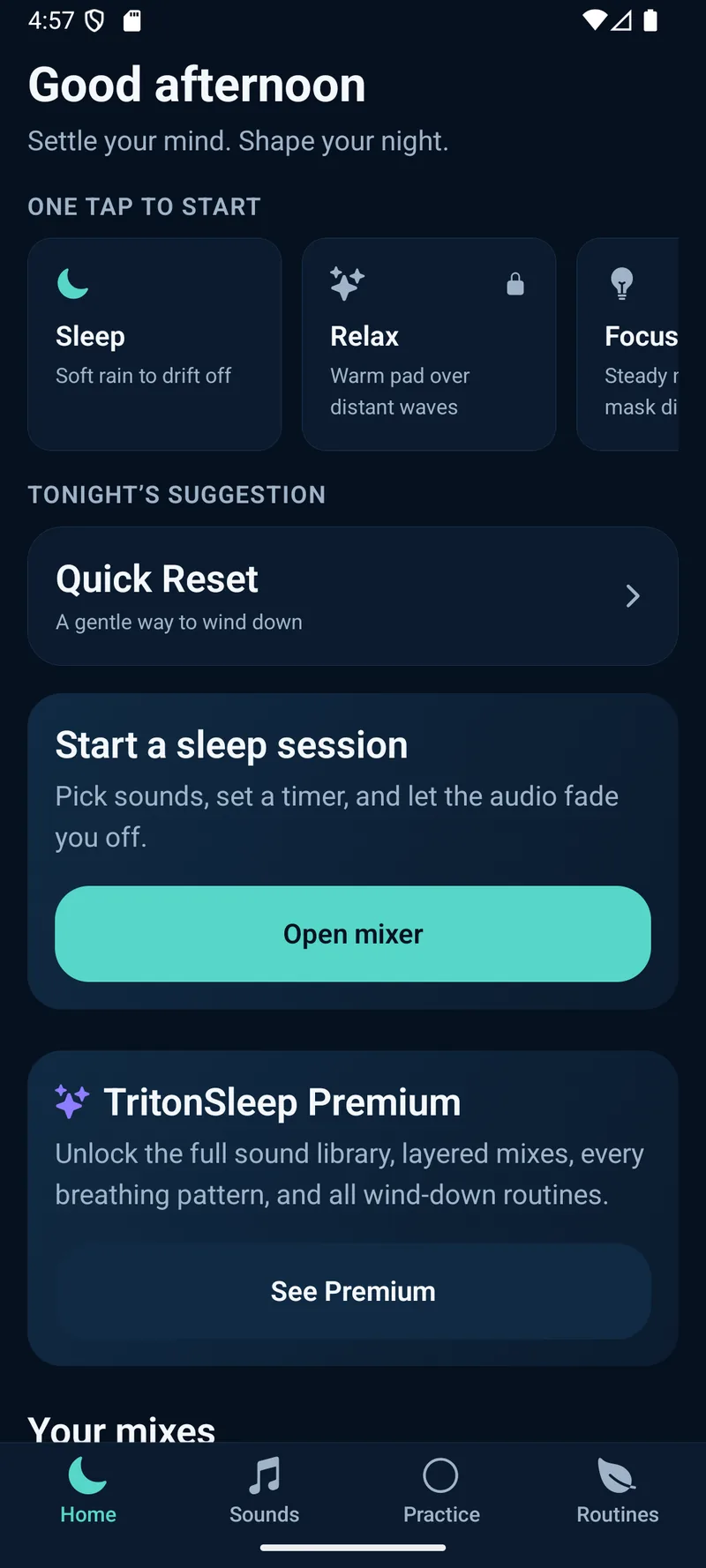 The TritonSleep home screen with one-tap starts