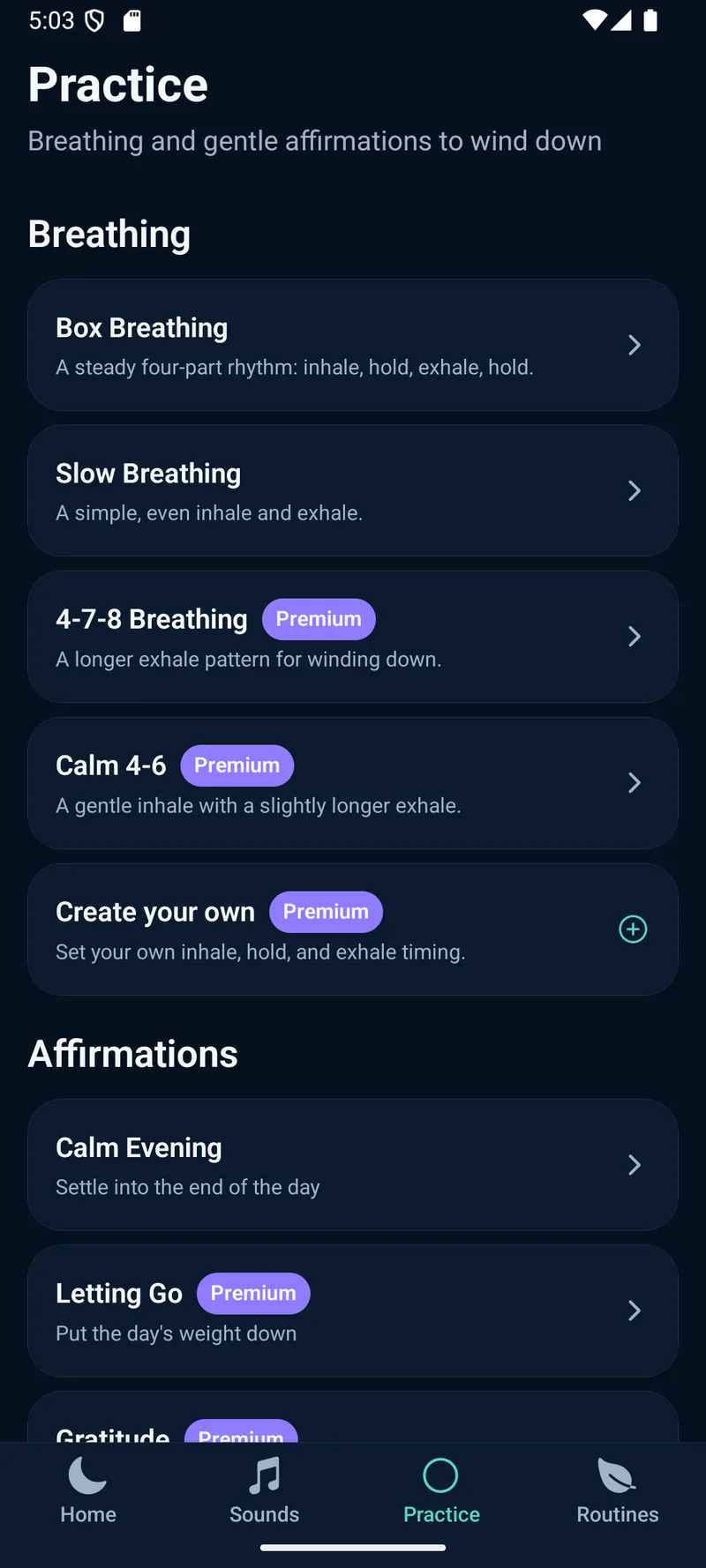 Breathing patterns and affirmations in TritonSleep